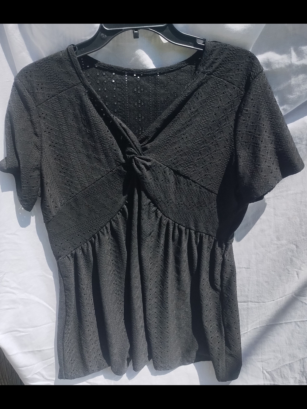 Knot-Front Black Eyelet Blouse - Women